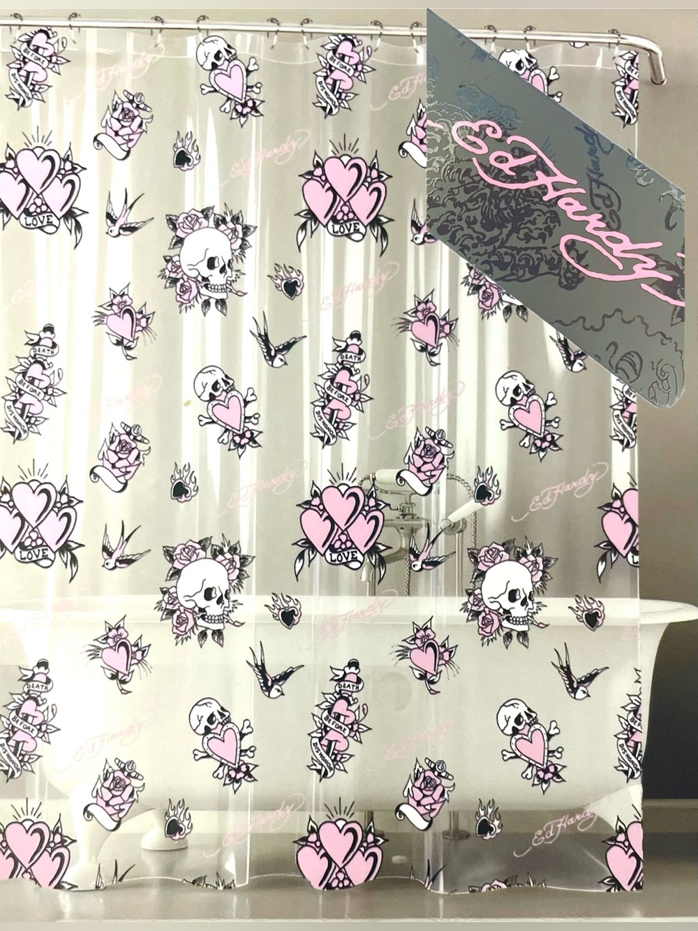 Ed Hardy Clear Shower Curtain Liner Pink Hearts Skulls Roses PEVA 72x72 NWT